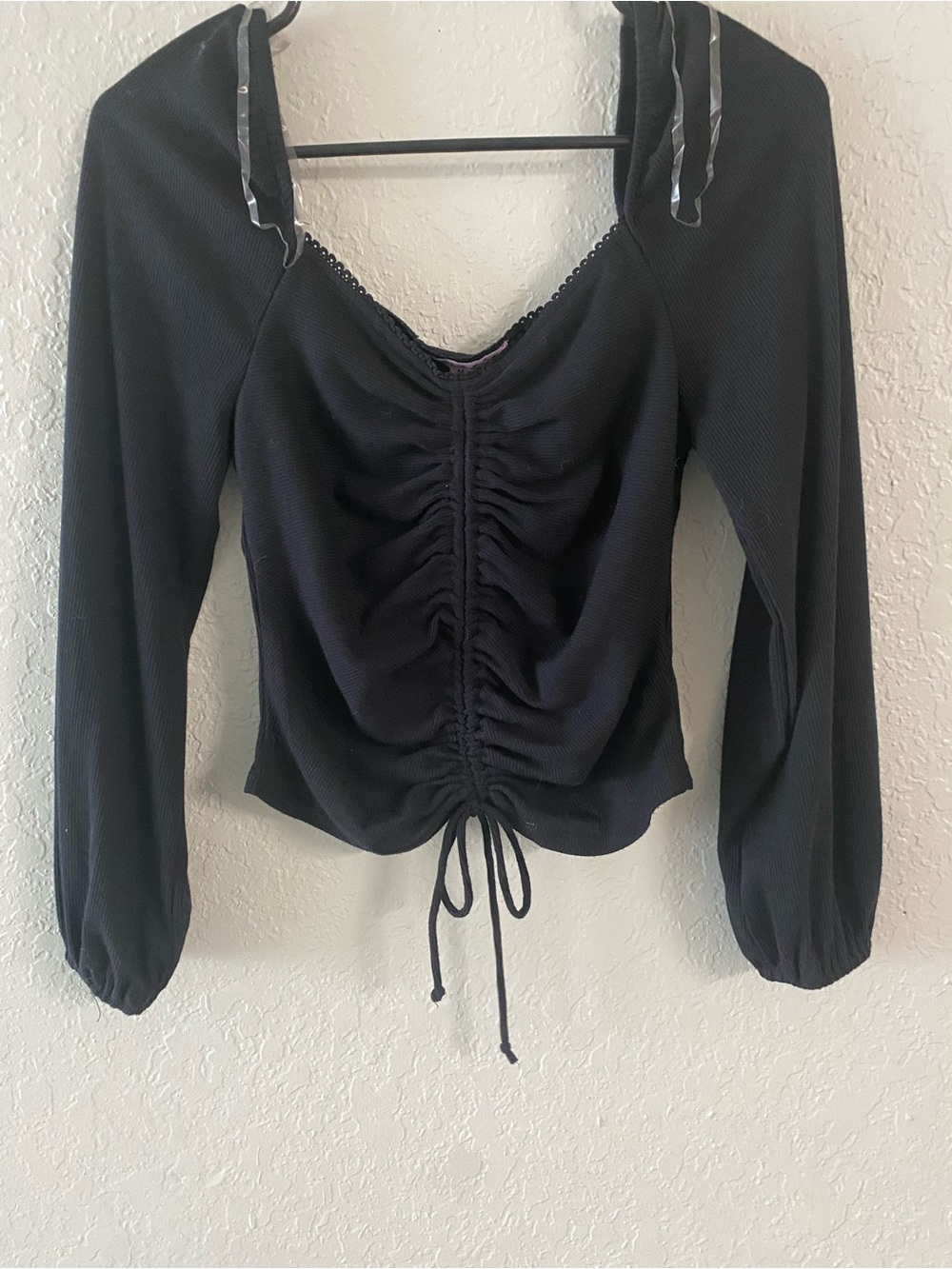Crave Fame Black Ruched Drawstring Long-Sleeve Top